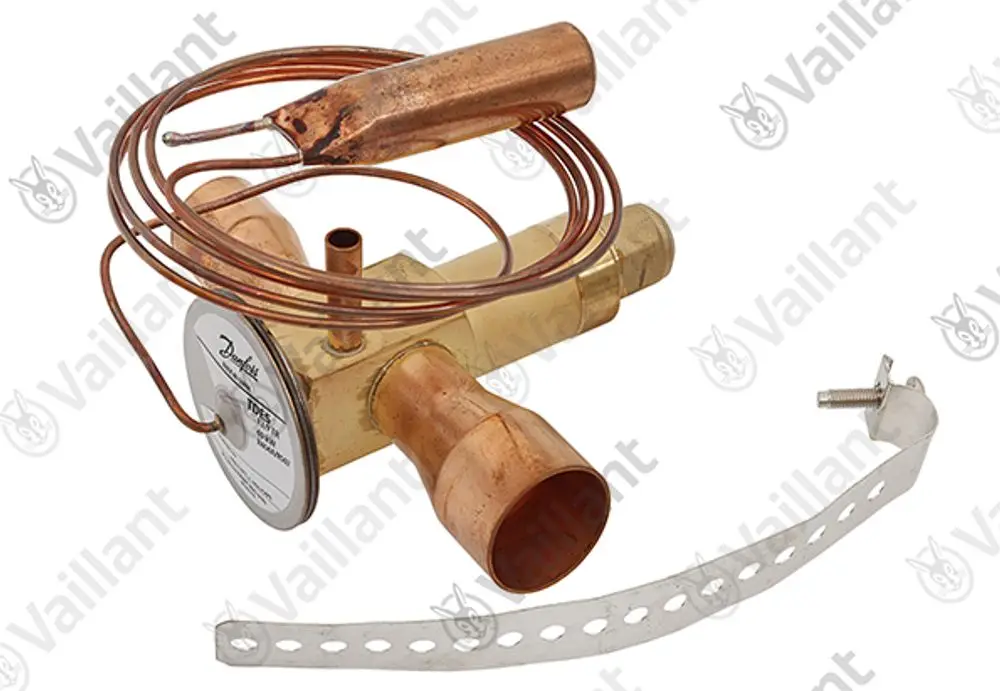 Vaillant Expansion Ventil mit Kupferrohren und einer Halteclip. Das Produkt besteht aus Messing und einem runden Anzeigegerät.